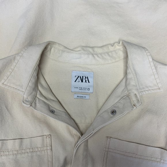 Used! Mens Zara Beige Khaki Collared Jacket With Buttons Relaxed Fit Size XL - Picture 4 of 4
